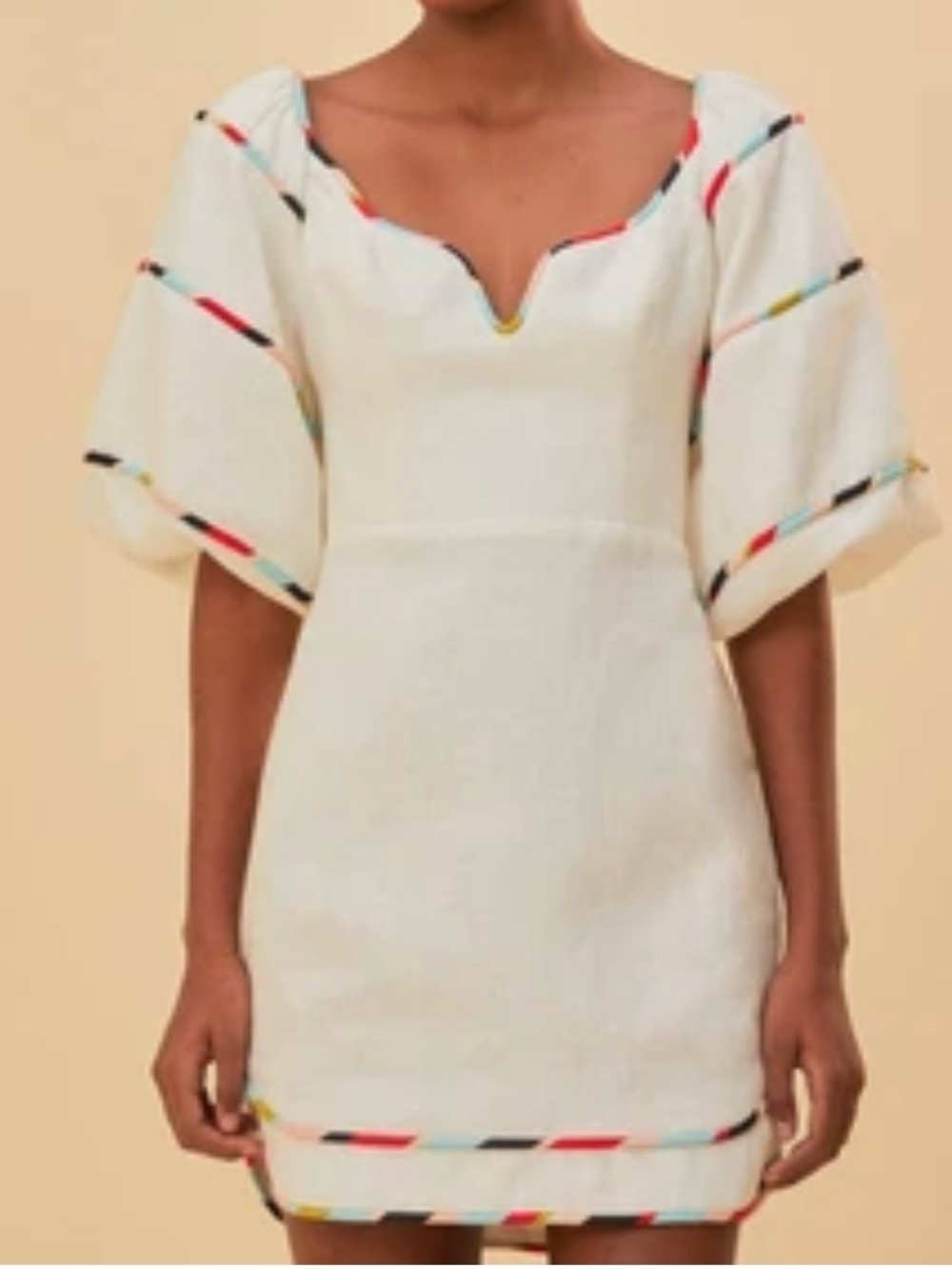 FARM Rio Cream Puff-Sleeve Mini Dress with Multicolor Trim